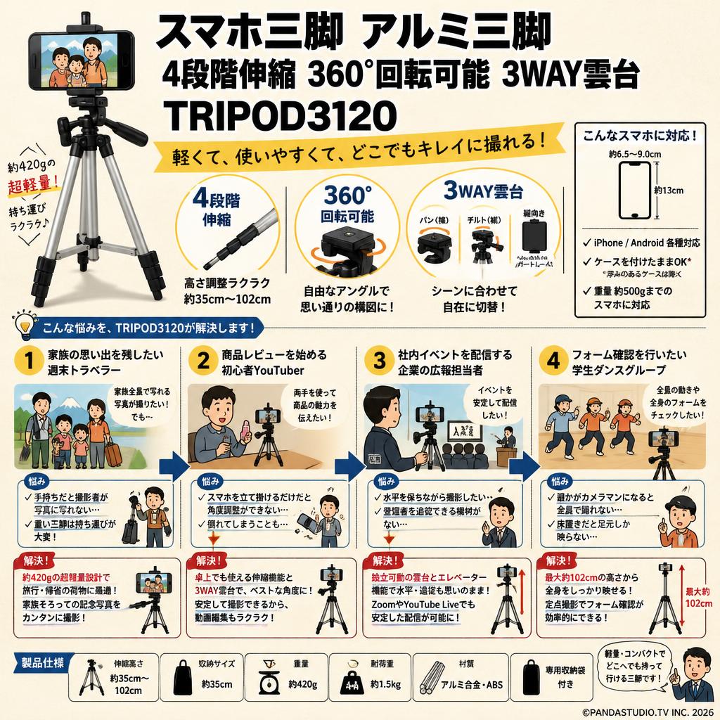 スマホ三脚 アルミ三脚　4段階伸縮 360°回転可能 3WAY雲台 TRIPOD3120 おもな対象のお客様
