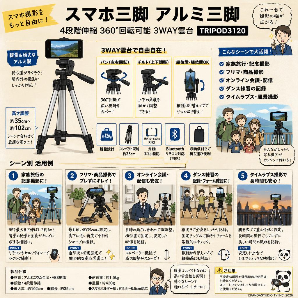 スマホ三脚 アルミ三脚　4段階伸縮 360°回転可能 3WAY雲台 TRIPOD3120 用途
