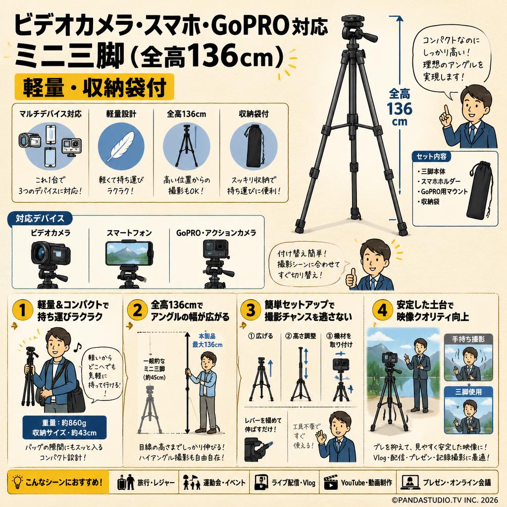 ビデオカメラ・スマホ・GoPRO対応 ミニ三脚（全高136cm）軽量・収納袋付 概要