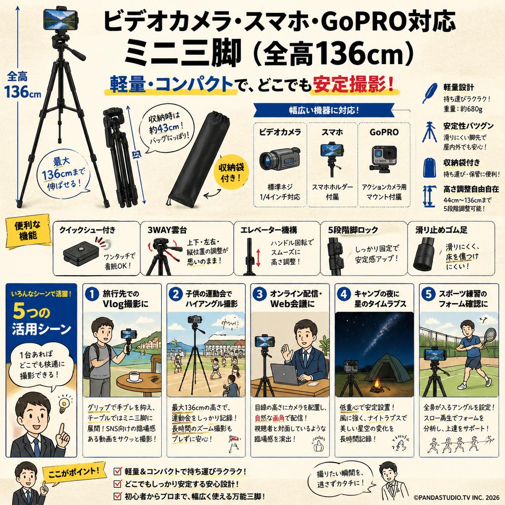 ビデオカメラ・スマホ・GoPRO対応 ミニ三脚（全高136cm）軽量・収納袋付 用途