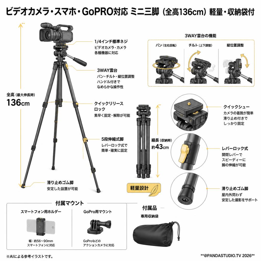 ビデオカメラ・スマホ・GoPRO対応 ミニ三脚（全高136cm）軽量・収納袋付 スペック