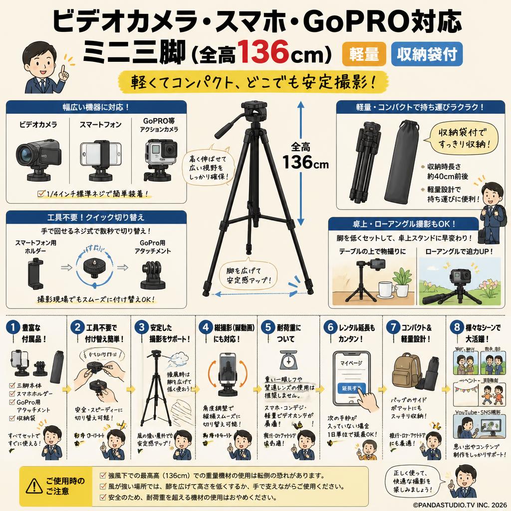 ビデオカメラ・スマホ・GoPRO対応 ミニ三脚（全高136cm）軽量・収納袋付 FAQ（よくある質問と答え）