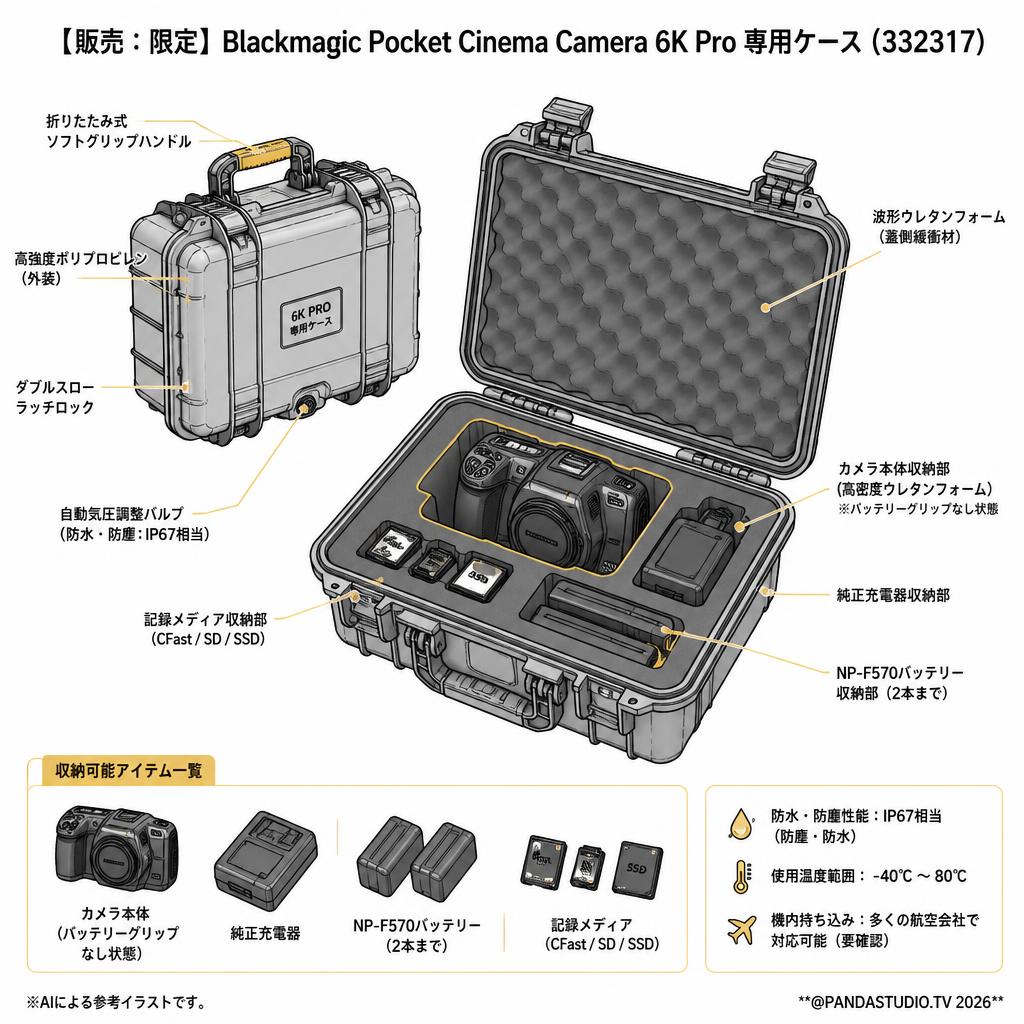 【販売：限定】Blackmagic Pocket Cinema Camera 6K Pro 専用ケース（332317） スペック