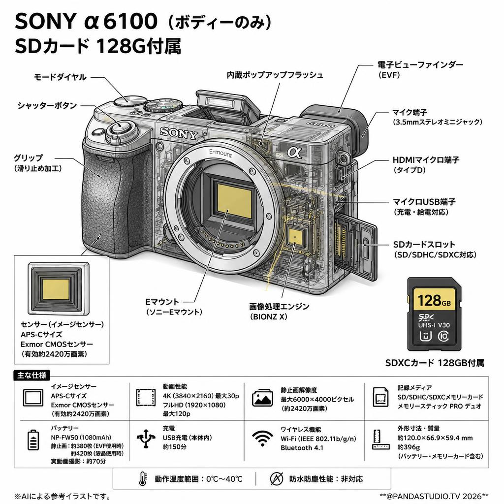 SONY α6100（ボディーのみ）SDカード 128G付属 スペック