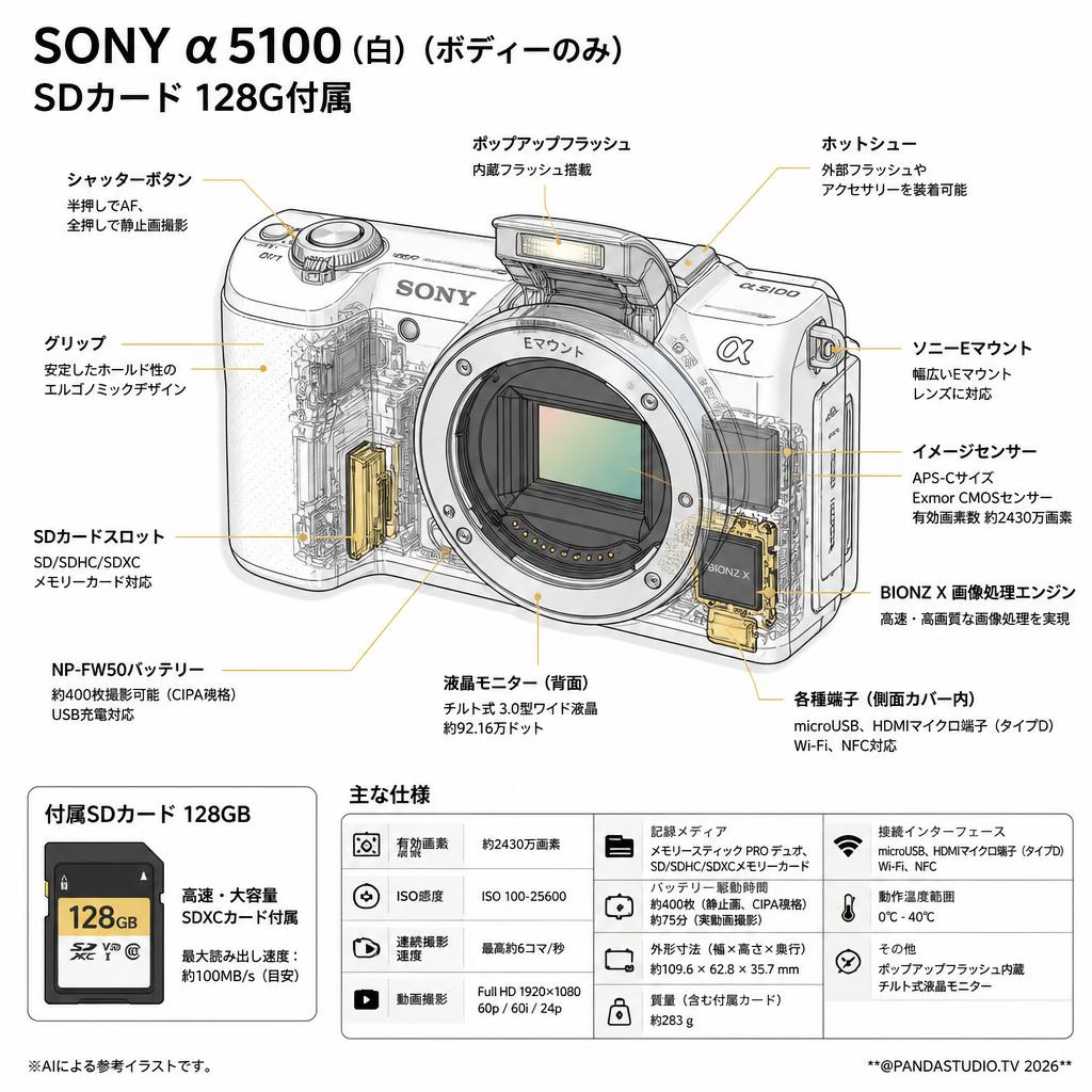 SONY α5100(白) (ボディーのみ) SDカード 128G付属 スペック