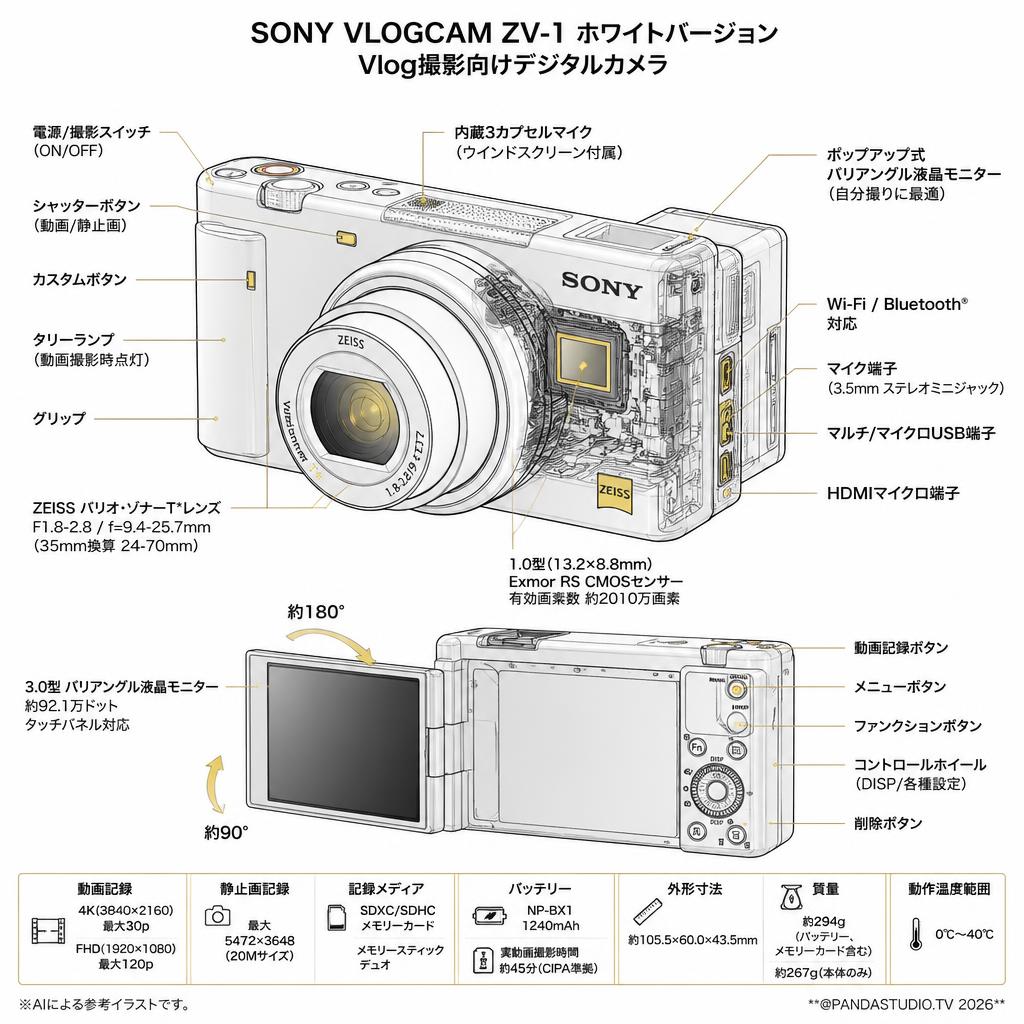 SONY VLOGCAM ZV-1 ホワイトバージョン Vlog撮影向けデジタルカメラ スペック