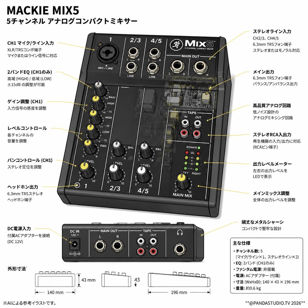 MACKIE MIX5 5チャンネル アナログコンパクトミキサー スペック