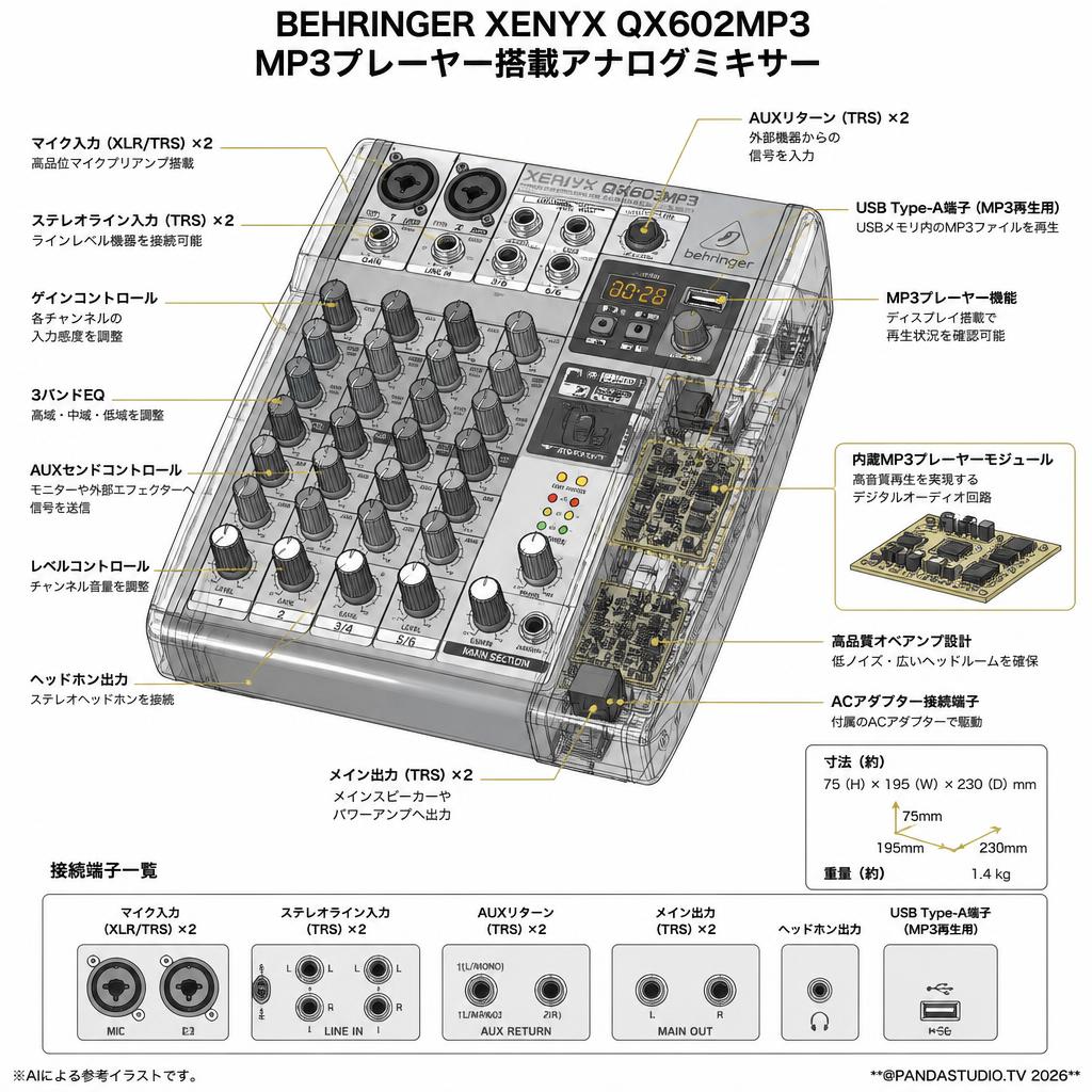 BEHRINGER XENYX QX602MP3 MP3プレーヤー搭載アナログミキサー スペック