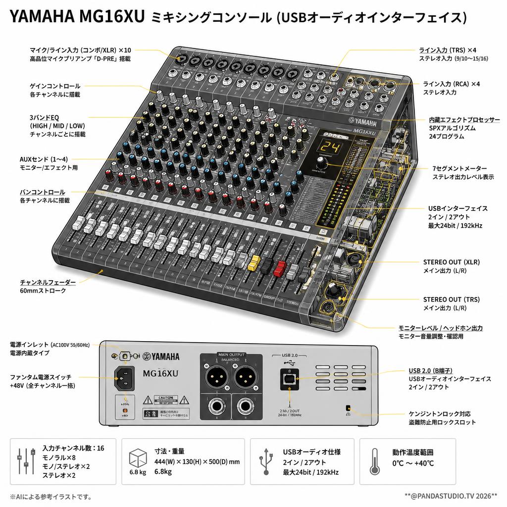 YAMAHA MG16XU ミキシングコンソール (USBオーディオインターフェイス） スペック