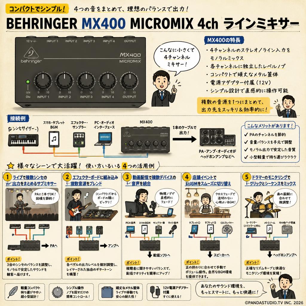 BEHRINGER MX400 MICROMIX 4ch ラインミキサー 用途