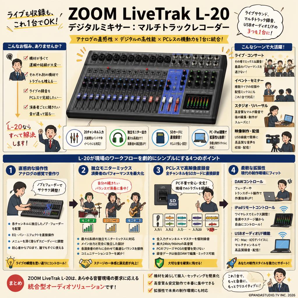 ZOOM LiveTrak L-20　デジタルミキサー：マルチトラックレコーダー 概要