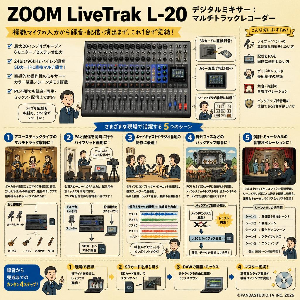 ZOOM LiveTrak L-20　デジタルミキサー：マルチトラックレコーダー 用途