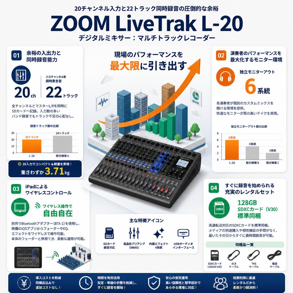 ZOOM LiveTrak L-20　デジタルミキサー：マルチトラックレコーダー セールスポイント