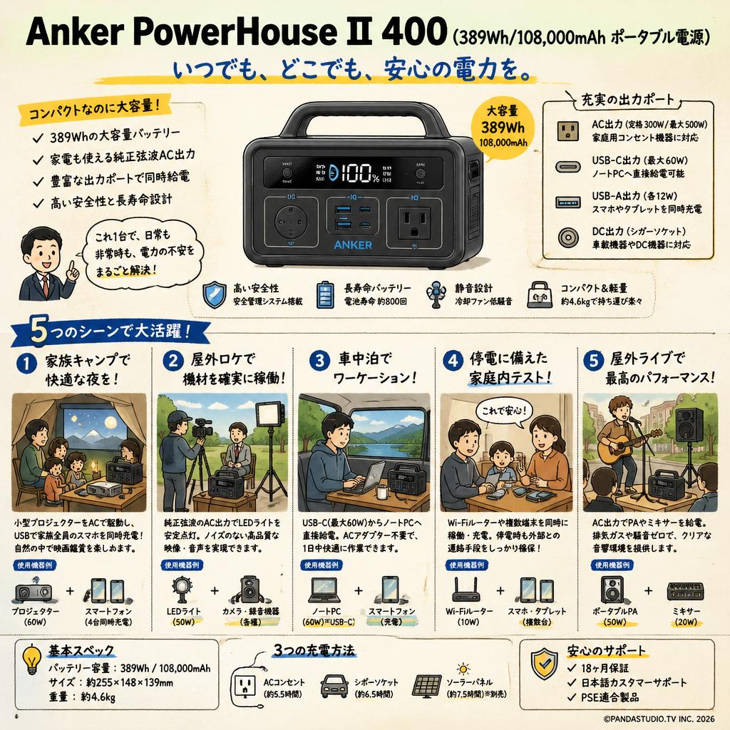 Anker PowerHouse II 400 (389Wh/108,000mAh ポータブル電源) 用途