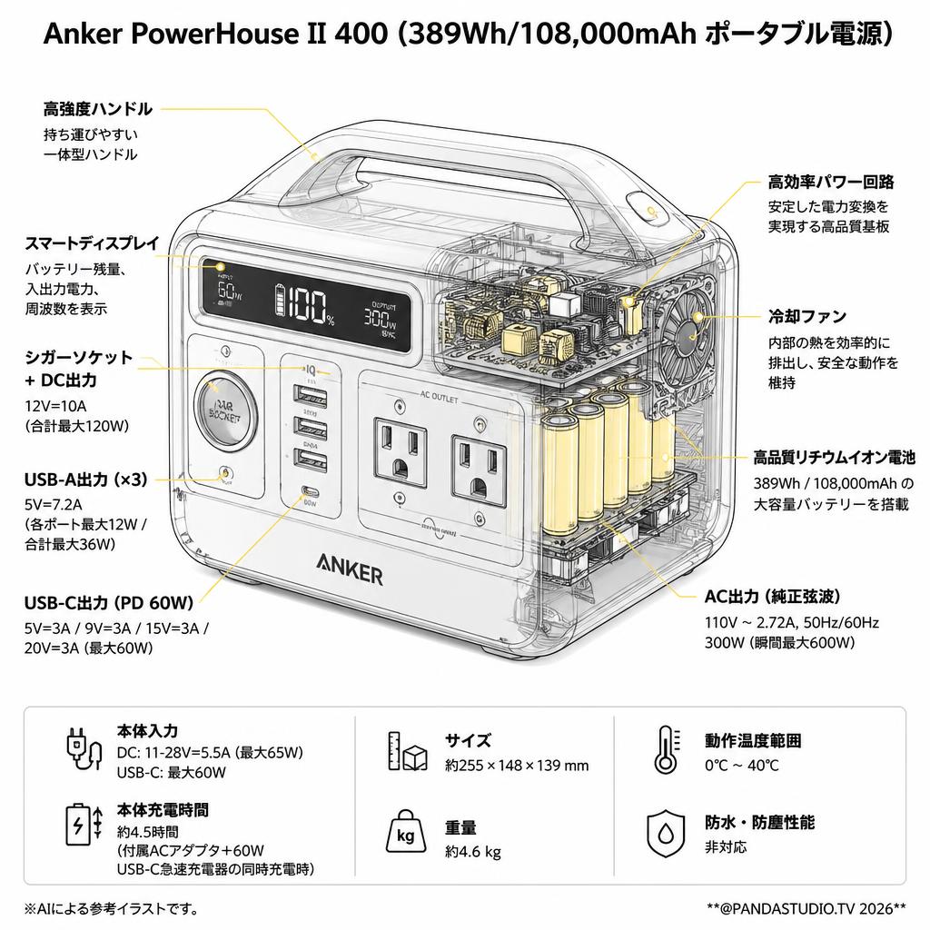 Anker PowerHouse II 400 (389Wh/108,000mAh ポータブル電源) スペック