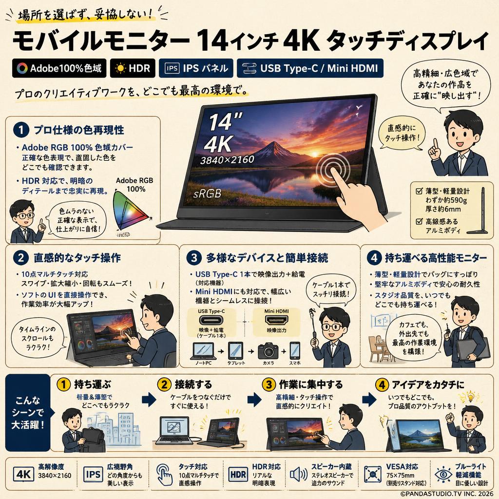 モバイルモニター 14インチ 4K タッチディスプレイ Adobe100%色域 HDR IPS パネル USB Type-C/Mini HDMI 概要