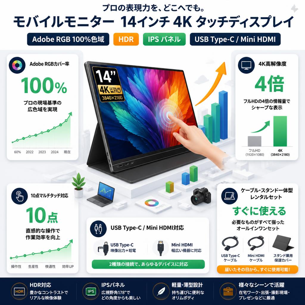 モバイルモニター 14インチ 4K タッチディスプレイ Adobe100%色域 HDR IPS パネル USB Type-C/Mini HDMI セールスポイント
