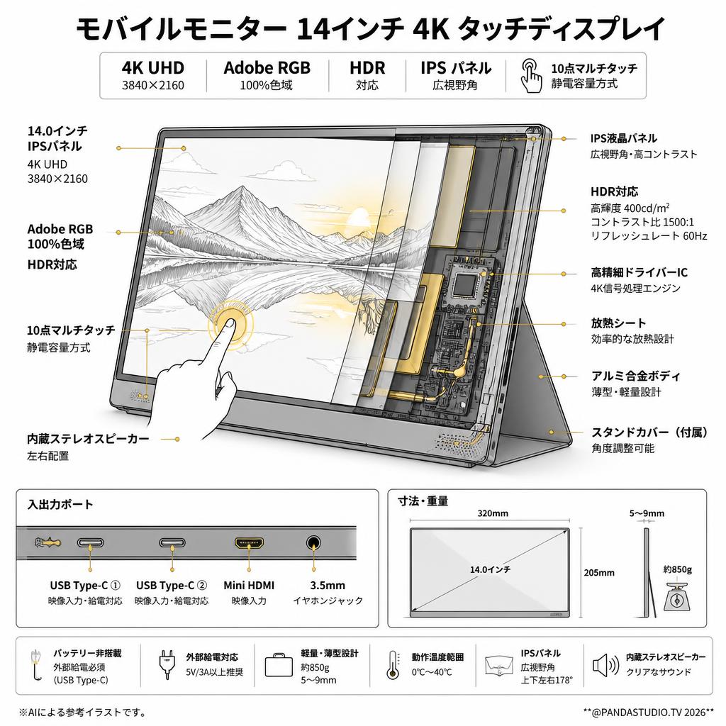 モバイルモニター 14インチ 4K タッチディスプレイ Adobe100%色域 HDR IPS パネル USB Type-C/Mini HDMI スペック