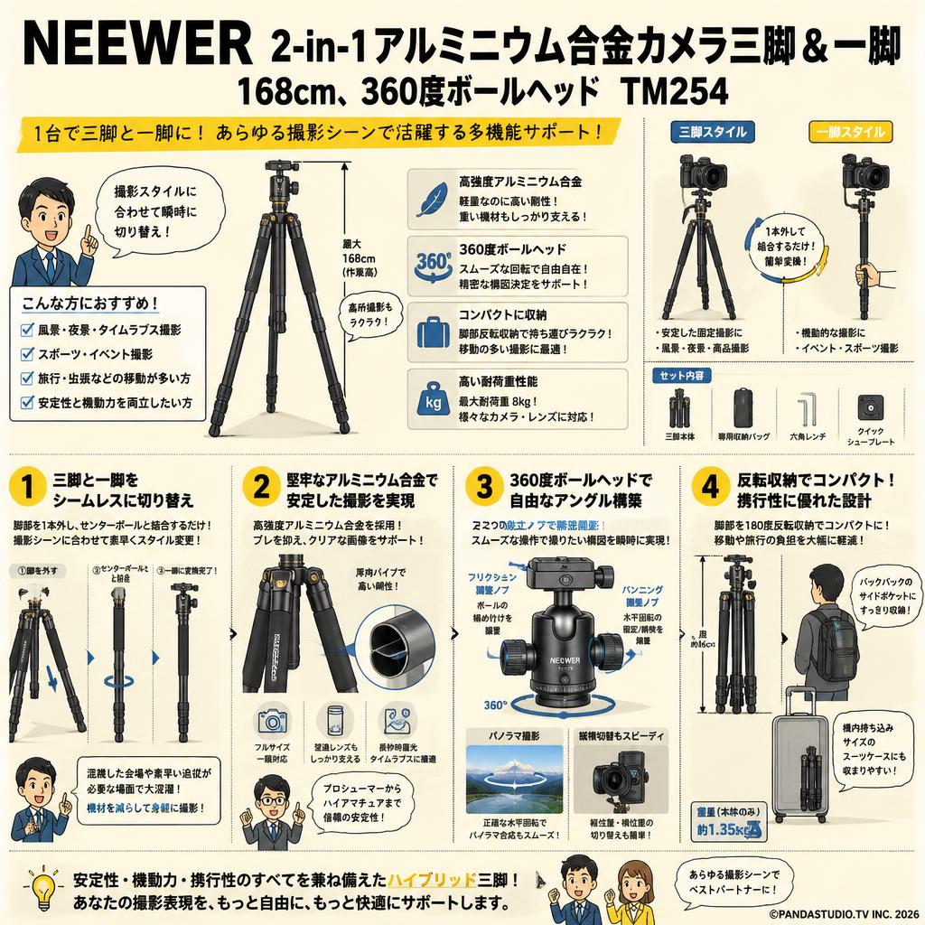 NEEWER 2-in-1アルミニウム合金カメラ三脚＆一脚 168cm、360度ボールヘッド TM254 概要