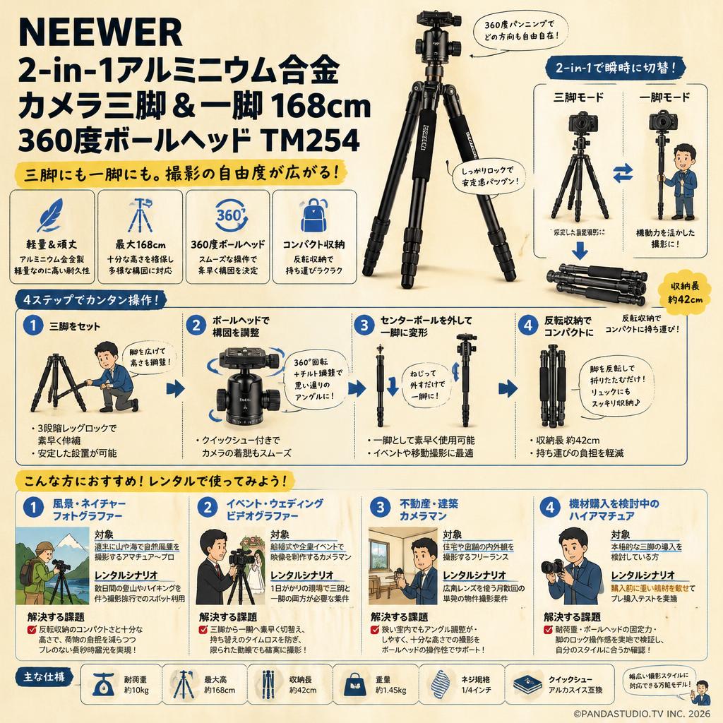 NEEWER 2-in-1アルミニウム合金カメラ三脚＆一脚 168cm、360度ボールヘッド TM254 おもな対象のお客様