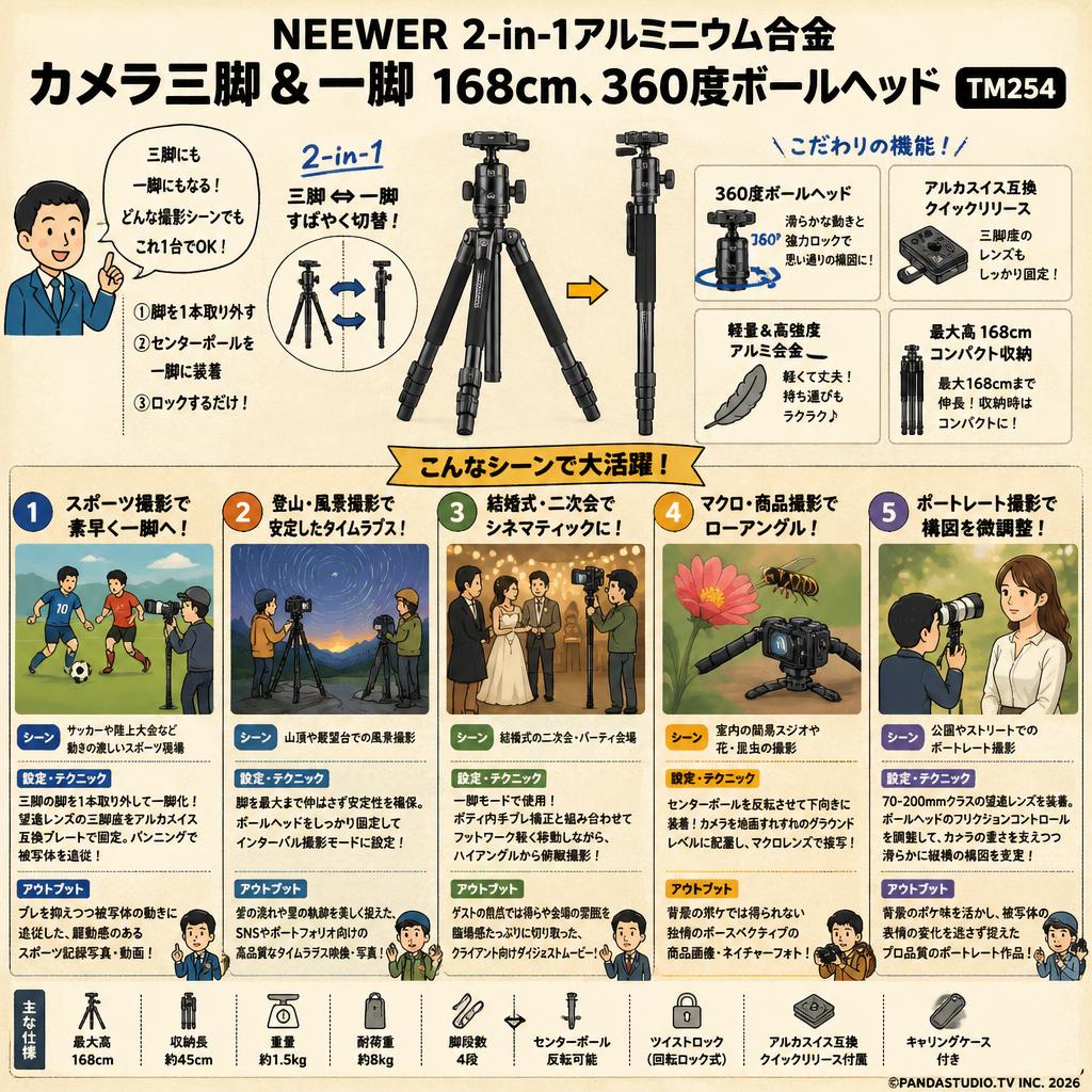 NEEWER 2-in-1アルミニウム合金カメラ三脚＆一脚 168cm、360度ボールヘッド TM254 用途
