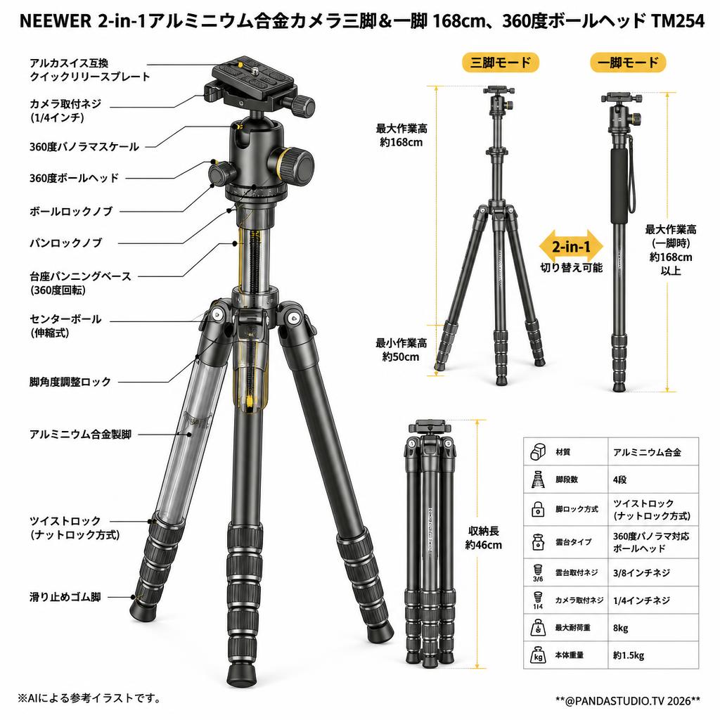 NEEWER 2-in-1アルミニウム合金カメラ三脚＆一脚 168cm、360度ボールヘッド TM254 スペック
