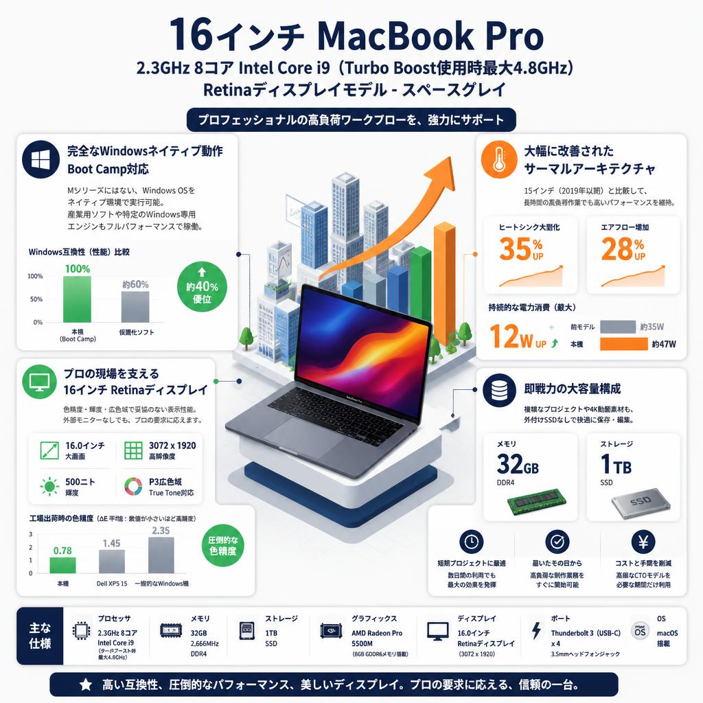 16インチ MacBook Pro 2.3GHz 8コア Intel Core i9（Turbo Boost使用時最大4.8GHz）Retinaディスプレイモデル - スペースグレイ セールスポイント