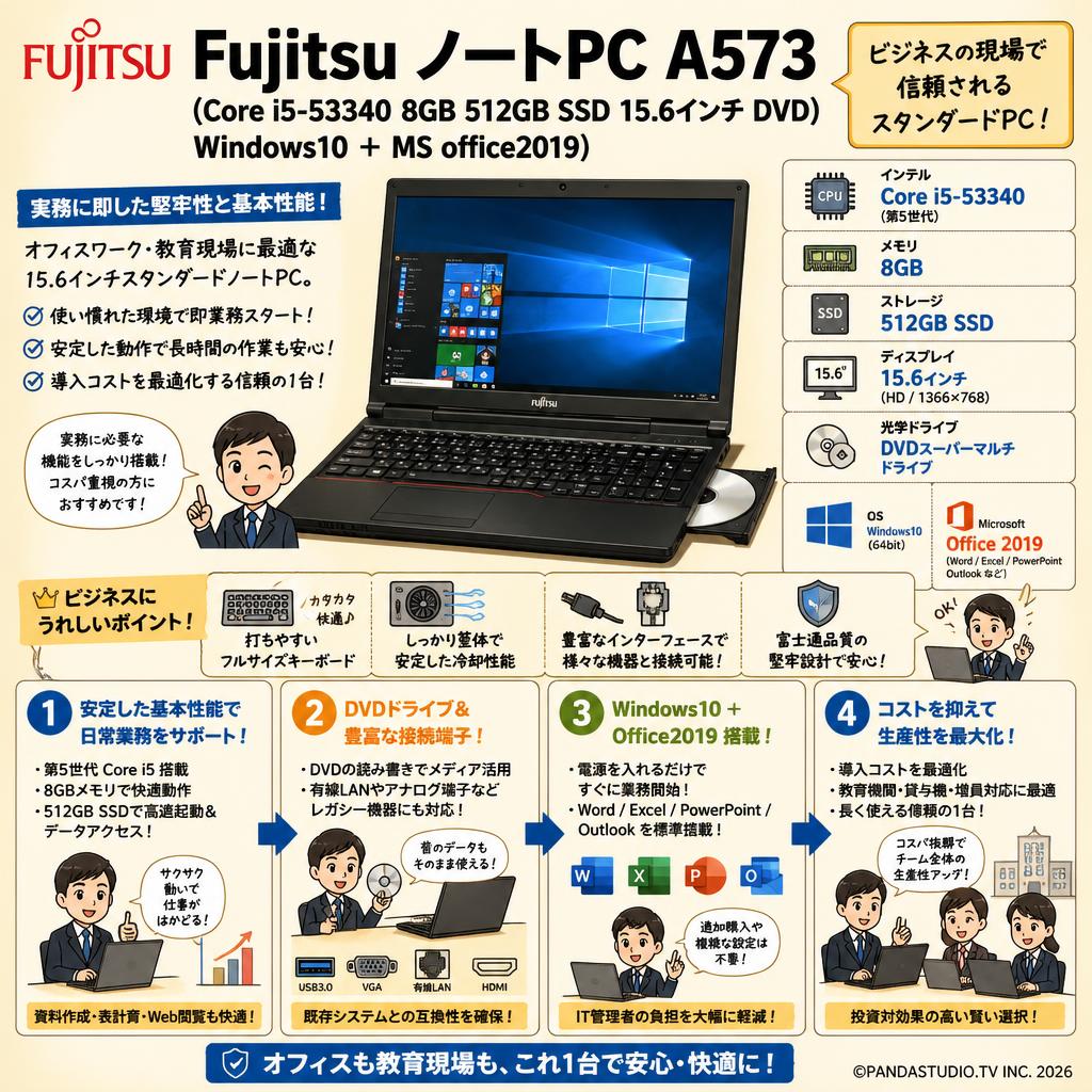 Fujitsu ノートPC A573 （Core i5-53340 8GB 512GB SSD 15.6インチ DVD) Windows10 ＋MS office2019） 概要
