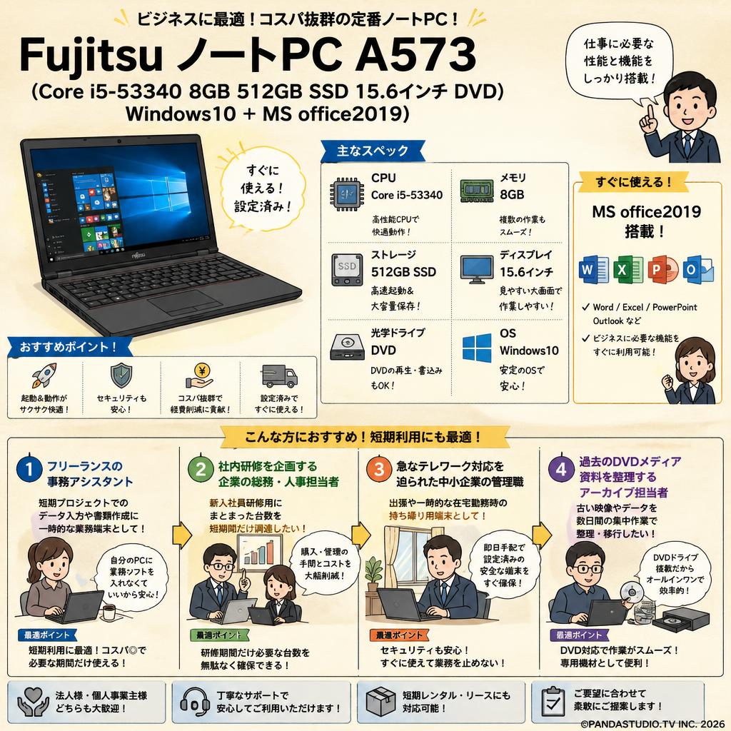Fujitsu ノートPC A573 （Core i5-53340 8GB 512GB SSD 15.6インチ DVD) Windows10 ＋MS office2019） おもな対象のお客様