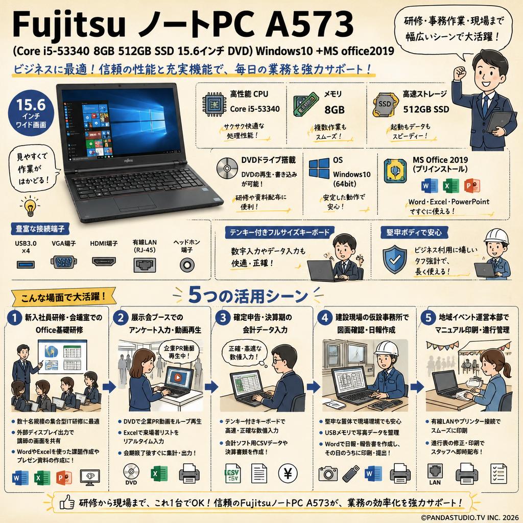 Fujitsu ノートPC A573 （Core i5-53340 8GB 512GB SSD 15.6インチ DVD) Windows10 ＋MS office2019） 用途