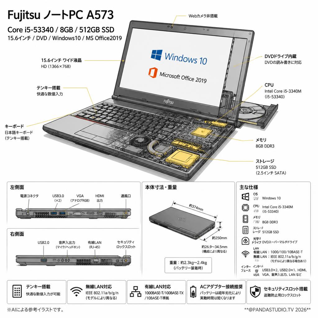 Fujitsu ノートPC A573 （Core i5-53340 8GB 512GB SSD 15.6インチ DVD) Windows10 ＋MS office2019） スペック