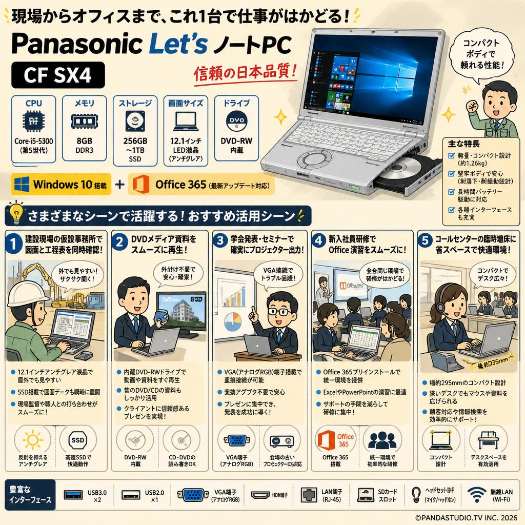 Panasonic Let’s ノートPC CF SX4（Core i5-5300 8GB 256GB〜1TB SSD 12.1インチ DVD-RW) Windows10 ＋MS Office365 用途
