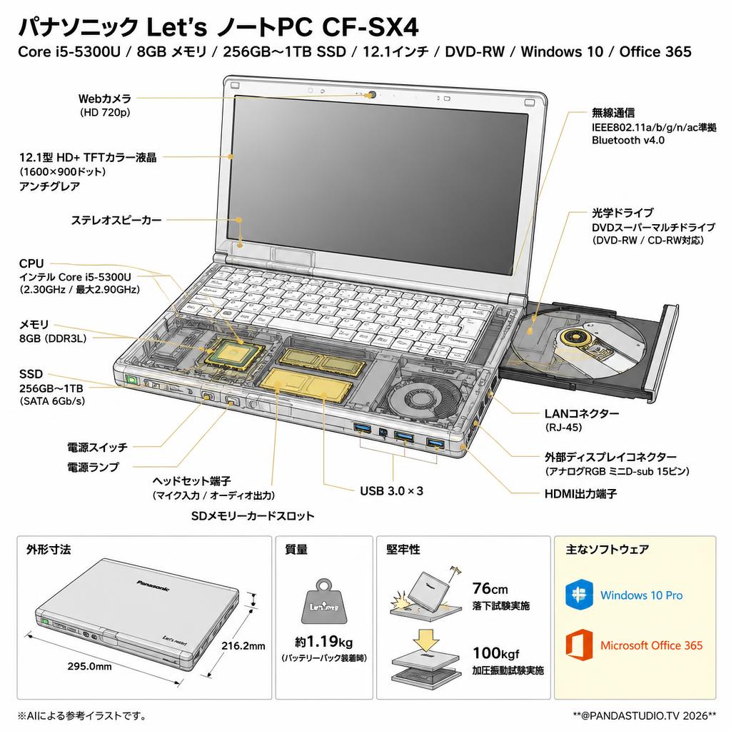 Panasonic Let’s ノートPC CF SX4（Core i5-5300 8GB 256GB〜1TB SSD 12.1インチ DVD-RW) Windows10 ＋MS Office365 スペック