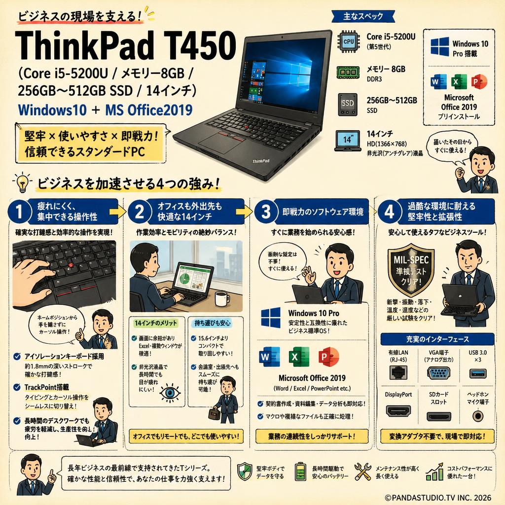 ThinkPad T450（Core i5-5200U メモリー8GB 256GB〜512GB SSD 14インチ) Windows10 ＋ MS Office2019 概要