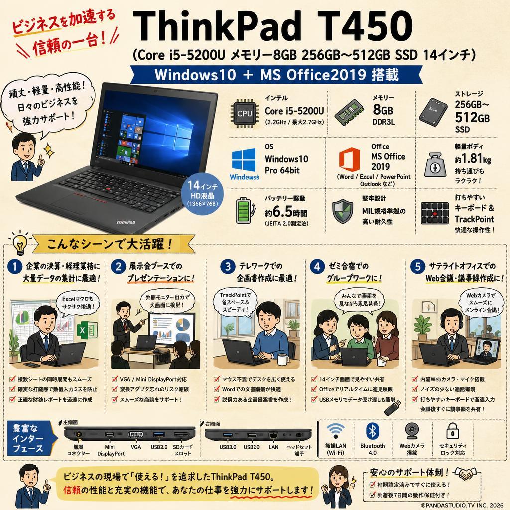 ThinkPad T450（Core i5-5200U メモリー8GB 256GB〜512GB SSD 14インチ) Windows10 ＋ MS Office2019 用途