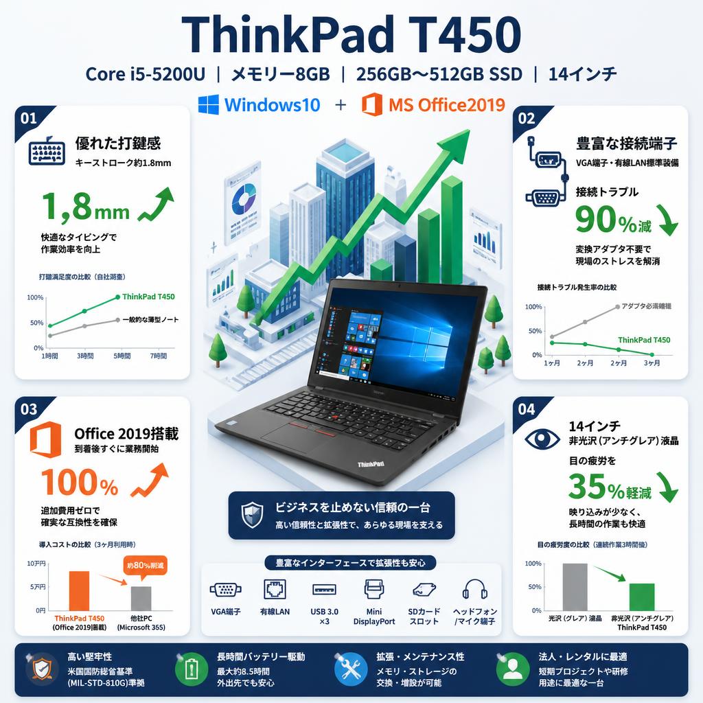 ThinkPad T450（Core i5-5200U メモリー8GB 256GB〜512GB SSD 14インチ) Windows10 ＋ MS Office2019 セールスポイント