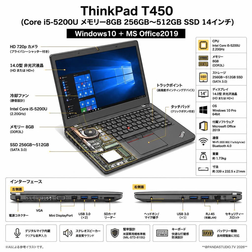 ThinkPad T450（Core i5-5200U メモリー8GB 256GB〜512GB SSD 14インチ) Windows10 ＋ MS Office2019 スペック