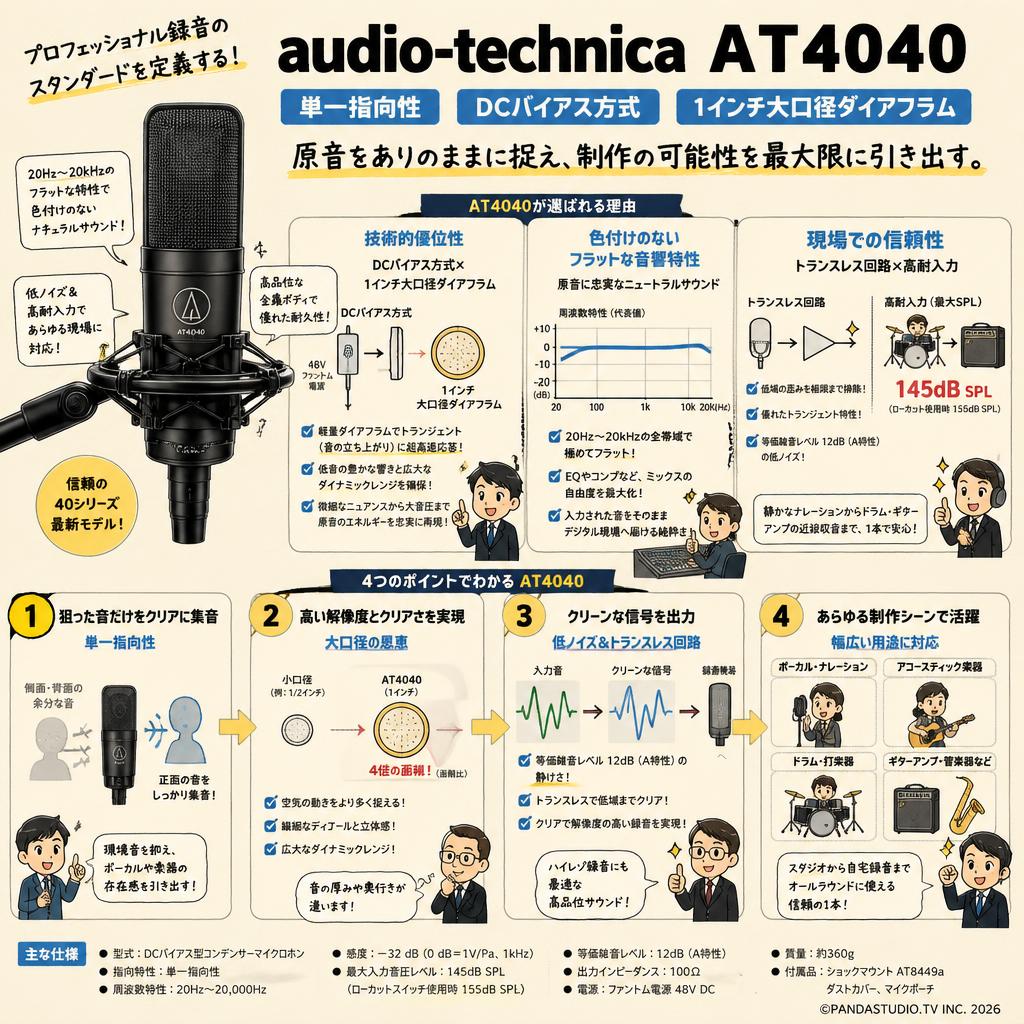 audio-technica AT4040 単一指向性 DCバイアス方式 1インチ大口径ダイアフラム 概要