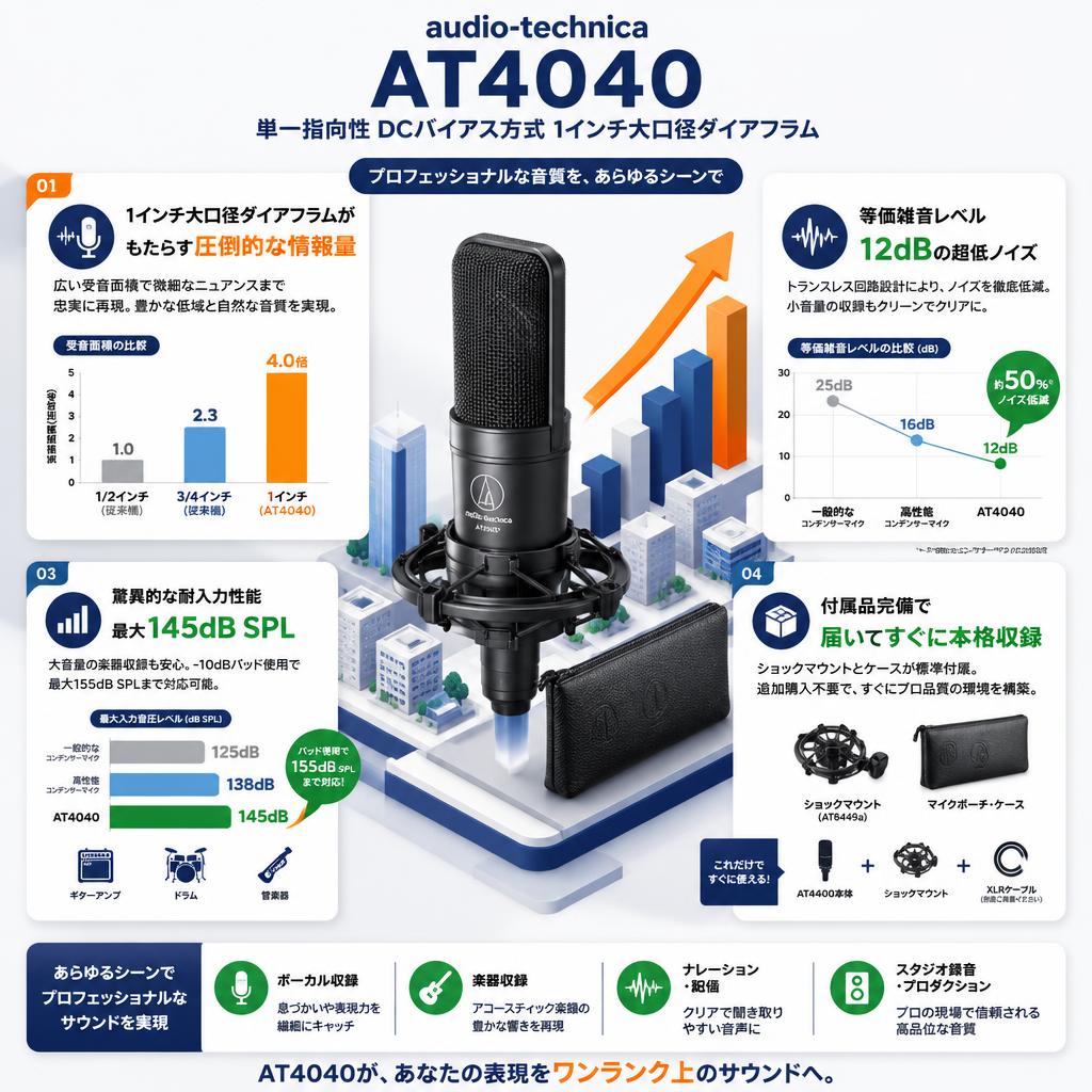 audio-technica AT4040 単一指向性 DCバイアス方式 1インチ大口径ダイアフラム セールスポイント