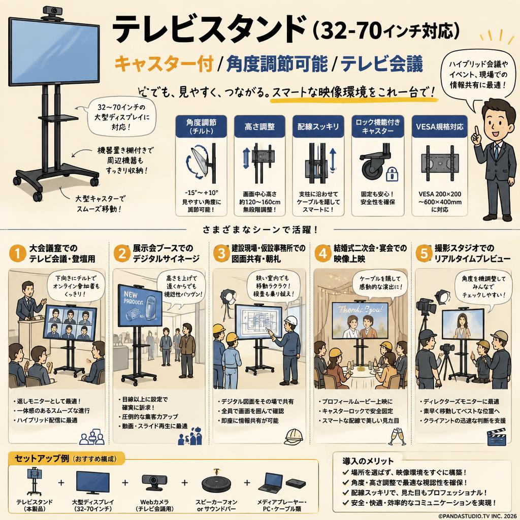 テレビスタンド（32-70インチ対応）キャスター付/角度調節可能/テレビ会議 用途