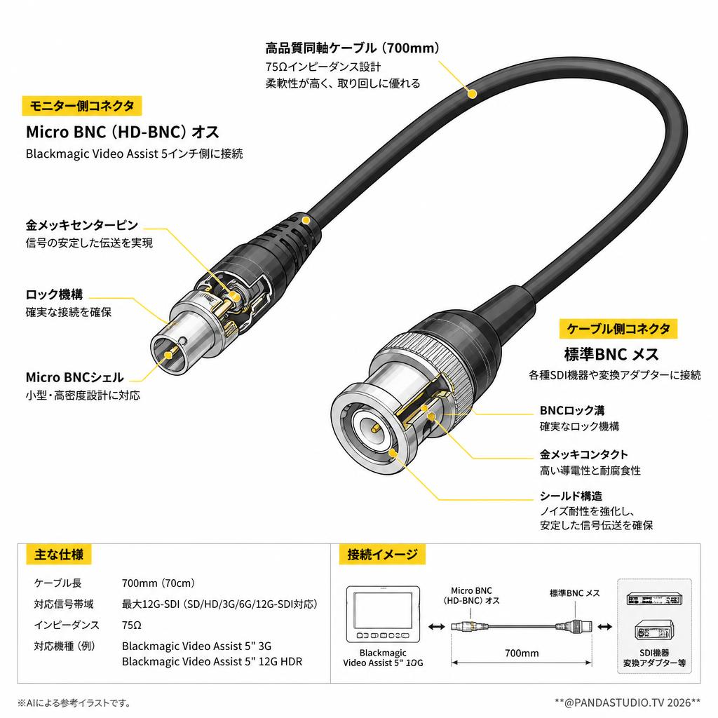 Blackmagic Design Video Assist  5”用 Micro BNC to BNC Female 700mm ケーブル スペック