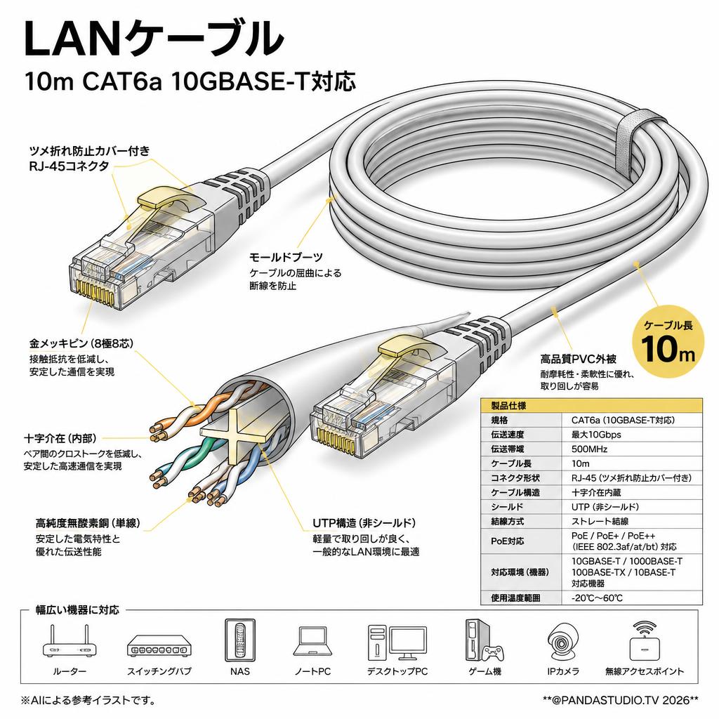 LANケーブル 10m CAT6a 10GBASE-T対応 スペック