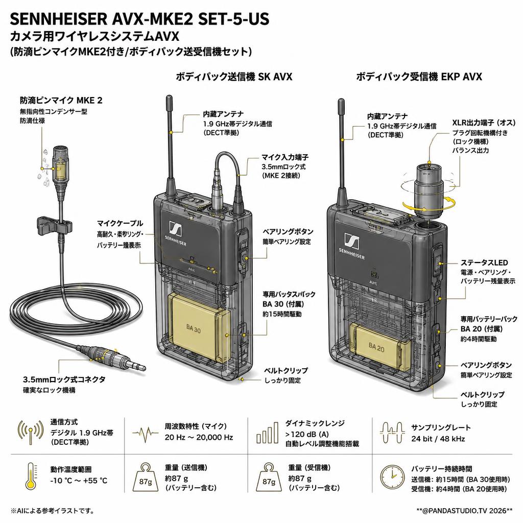 SENNHEISER AVX-MKE2 SET-5-US カメラ用ワイヤレスシステムAVX (防滴ピンマイクMKE2付き/ボディパック送受信機セット) スペック