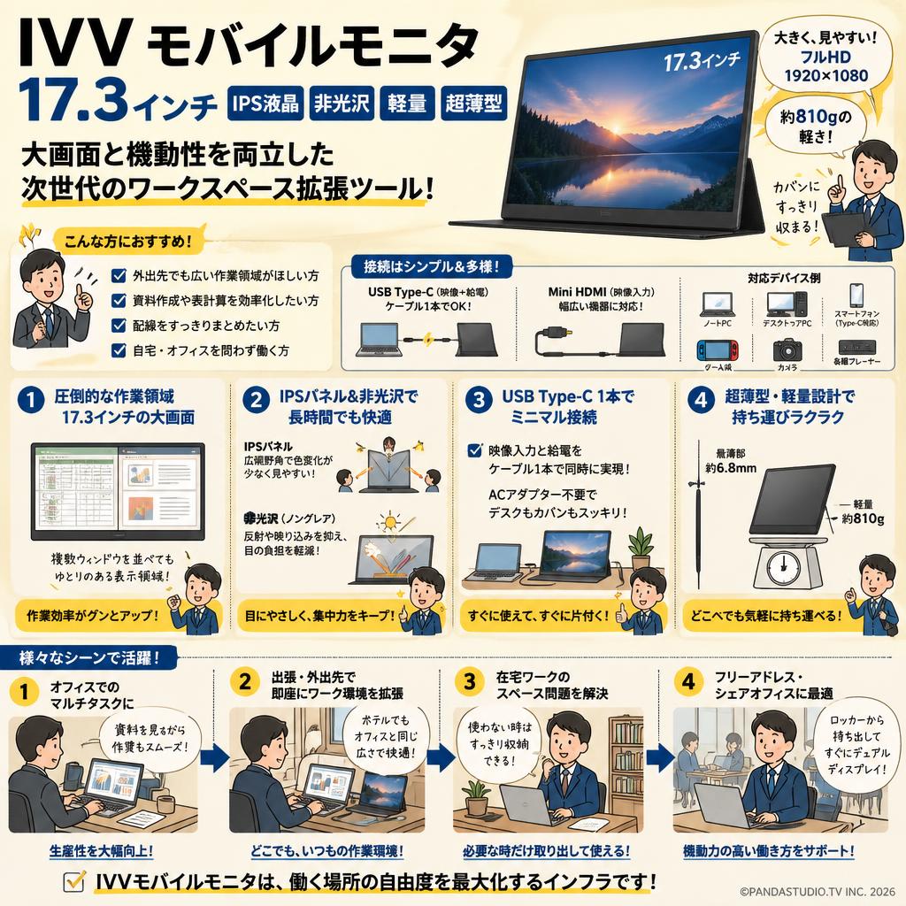IVV モバイルモニタ 17.3インチ IPS液晶 USB Type-C/Mini HDMI 非光沢 軽量 超薄型 概要