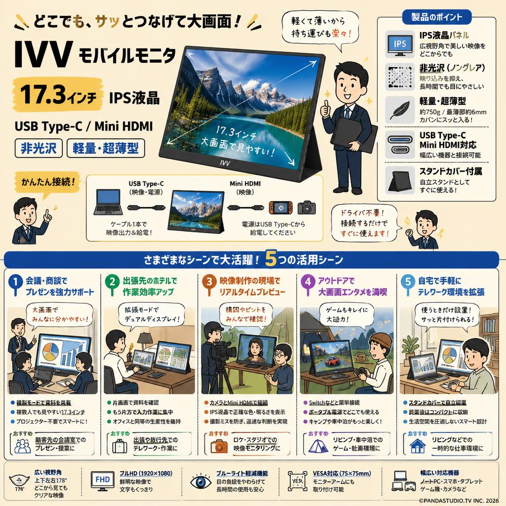 IVV モバイルモニタ 17.3インチ IPS液晶 USB Type-C/Mini HDMI 非光沢 軽量 超薄型 用途