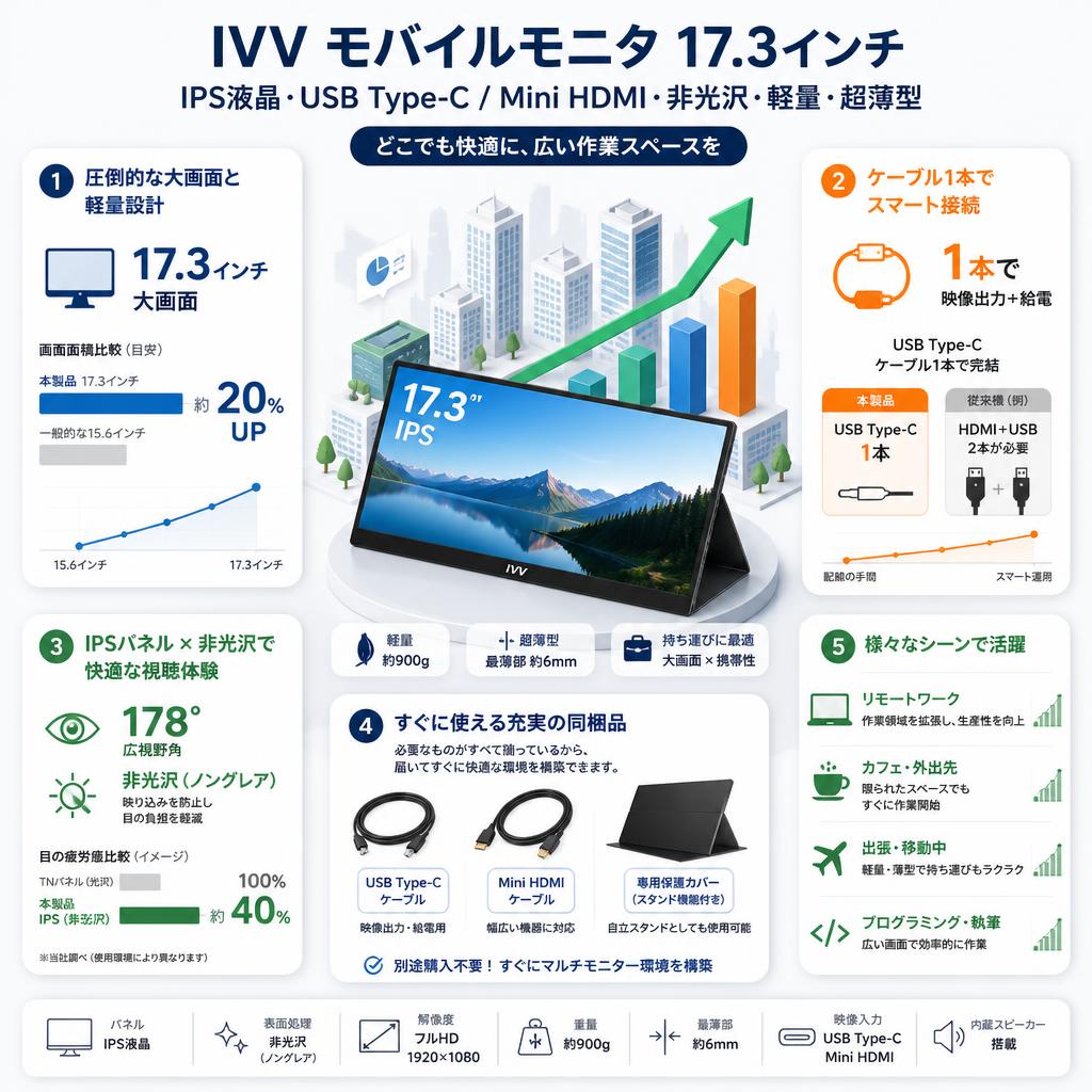 IVV モバイルモニタ 17.3インチ IPS液晶 USB Type-C/Mini HDMI 非光沢 軽量 超薄型 セールスポイント