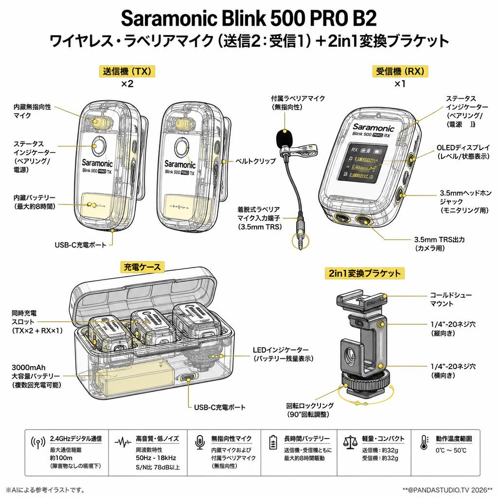 Saramonic Blink 500 PRO B2 ワイヤレス・ラベリアマイク（送信2：受信1）＋2in1変換ブラケット スペック