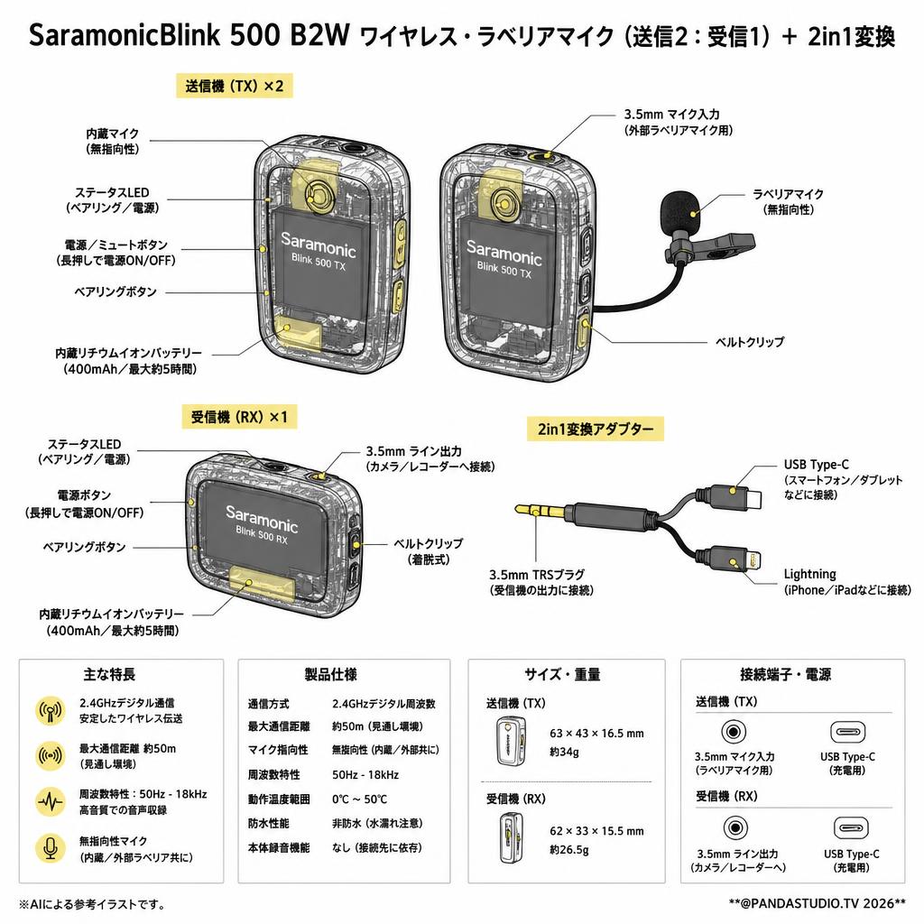 SaramonicBlink 500 B2W ワイヤレス・ラベリアマイク（送信2：受信1） ＋ 2in1変換 スペック