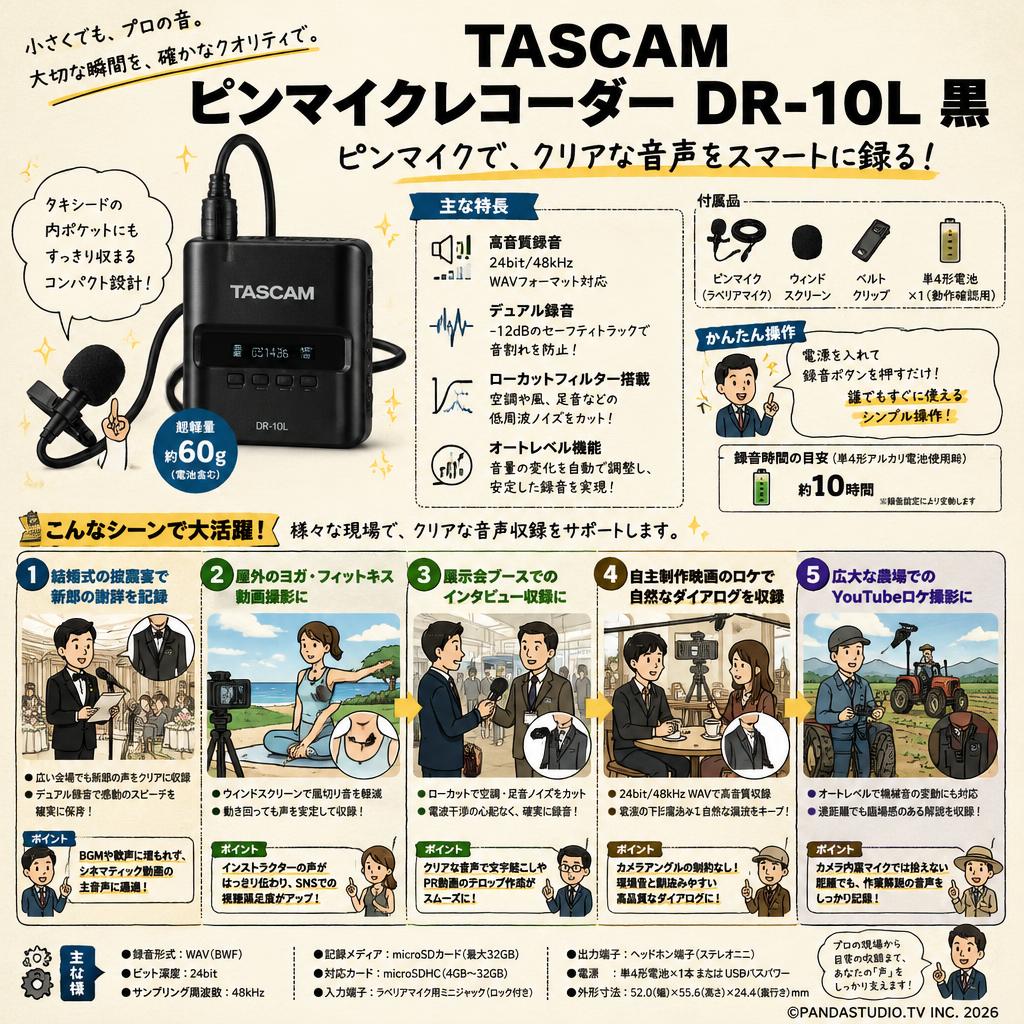 TASCAM ピンマイクレコーダー DR-10L 黒 用途