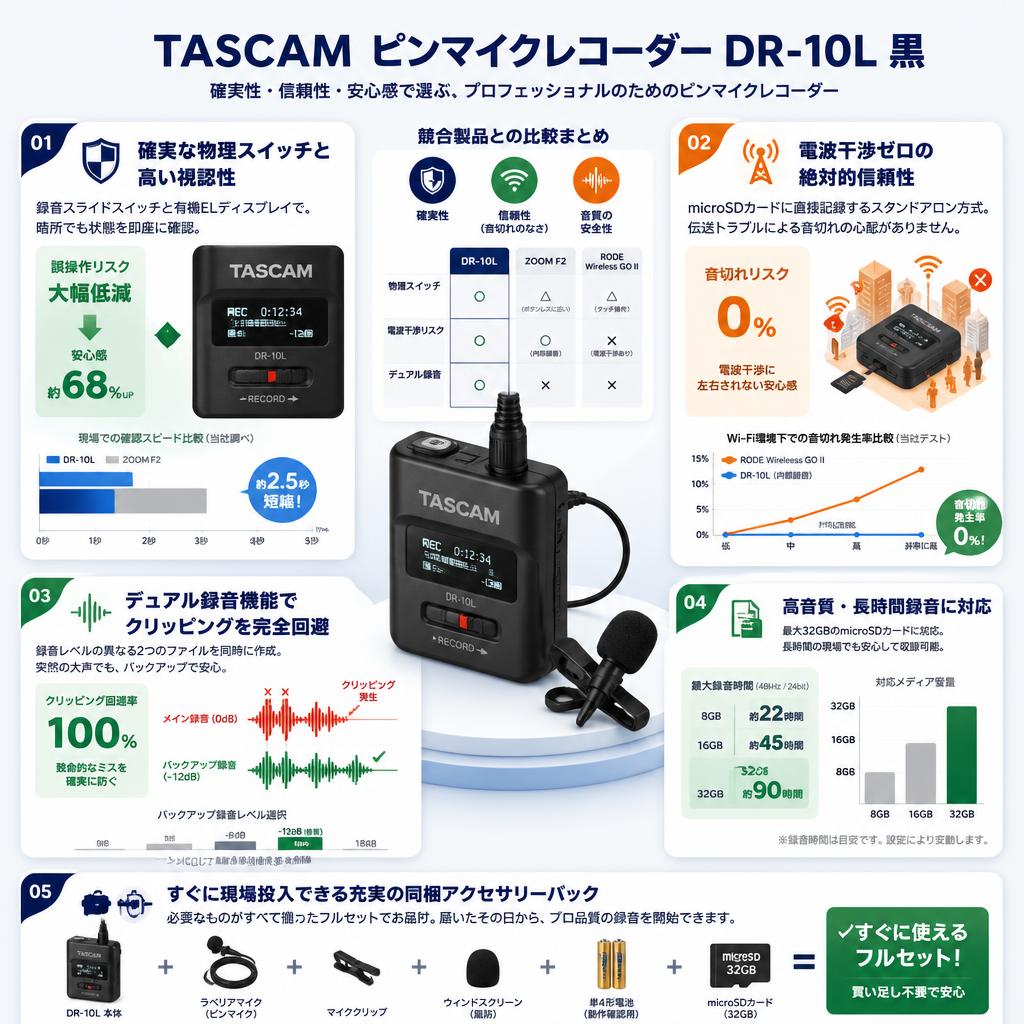 TASCAM ピンマイクレコーダー DR-10L 黒 セールスポイント